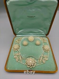 1800s Georgian Woven Natural Seed Pearl Parure Necklace, Earrings, Brooch
