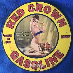 1932 Vintage Red Crown Gasoline Pinup 12 Inch Round Porcelain Advertising Sign
