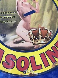 1932 Vintage Red Crown Gasoline Pinup 12 Inch Round Porcelain Advertising Sign