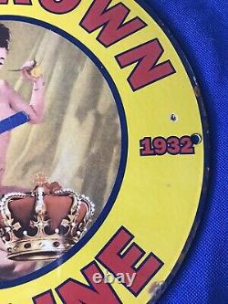 1932 Vintage Red Crown Gasoline Pinup 12 Inch Round Porcelain Advertising Sign