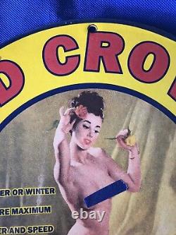 1932 Vintage Red Crown Gasoline Pinup 12 Inch Round Porcelain Advertising Sign