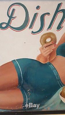 1940's VINTAGE A TASTY DISH HOURLY DONUTS HAND PAINTED BIG RESTAURANT SIGN