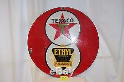 1940s Texaco Ethyl Gasoline Oil 8 Ball Double Sided Vintage Porcelain Sign