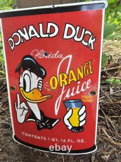 1950's Vintage Donald Duck Orange Juice Oil Gasoline Soda Pop Porcelain Sign