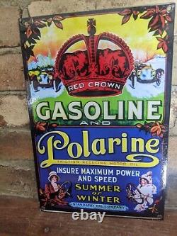 1950's Vintage Red Crown Gasoline & Polarine Porcelain Gas Station Sign 12 X 8