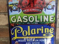 1950's Vintage Red Crown Gasoline & Polarine Porcelain Gas Station Sign 12 X 8