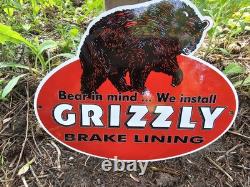 1960's Vintage Grizzly Brake Lining Porcelain Gas Station Metal Sign 9 X 12