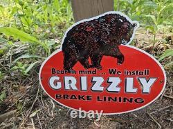 1960's Vintage Grizzly Brake Lining Porcelain Gas Station Metal Sign 9 X 12