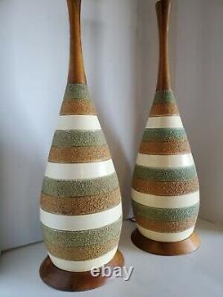 2 Vtg Mid Century Modern Signed Quartite & Teak Table Lamps 1962