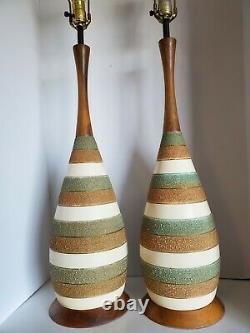 2 Vtg Mid Century Modern Signed Quartite & Teak Table Lamps 1962