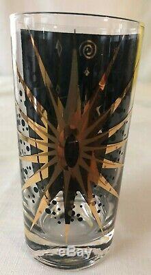 8 Vintage MCM Signed Fred Press Atomic Starburst Highball Glasses with Caddy