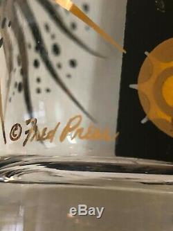 8 Vintage MCM Signed Fred Press Atomic Starburst Highball Glasses with Caddy