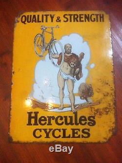 ANTIQUE BICYCLE STORE GARAGE VINTAGE PORCELAIN ENAMEL SIGN 1930s HERCULES CYCLES