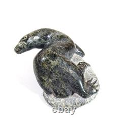 Abraham Pov Inuit Soapstone Sculpture Sea River Otter Signed 1985 Vintage