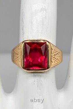 Antique 1920s 5ct French Cut RUBY 14k Yellow Gold Signed Mens Ring Band 7g