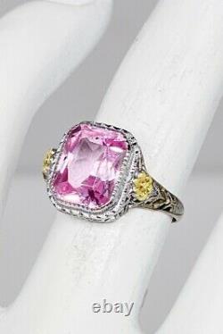 Antique 1920s A & S Signed 4ct Pink Sapphire 10k Yellow White Gold Filigree Ring