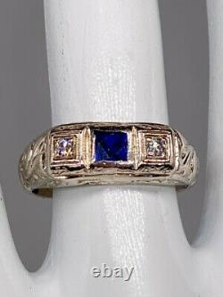 Antique 1920s Signed $4000 1ct Sapphire Diamond 18k White Gold Mens Ring Band