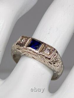 Antique 1920s Signed $4000 1ct Sapphire Diamond 18k White Gold Mens Ring Band