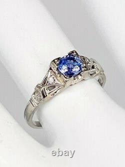 Antique 1920s Signed WOOD 1ct Ceylon Blue Sapphire Diamond 18k White Gold Ring