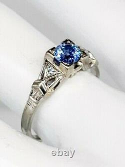 Antique 1920s Signed WOOD 1ct Ceylon Blue Sapphire Diamond 18k White Gold Ring