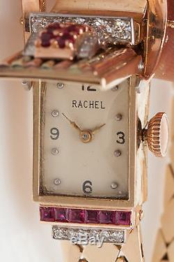 Antique 1940 Signed Rachel 3ct Ruby Diamond 14k Rose Gold RETRO Ladies Watch 50g
