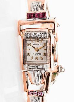 Antique 1940s Signed $5000 1ct Ruby Diamond 14k Rose White Gold ART DECO Watch