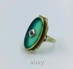 Antique Art Nouveau 10k White/Yellow Gold Chrysoprase Ring Signed Sz 3.5