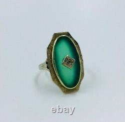 Antique Art Nouveau 10k White/Yellow Gold Chrysoprase Ring Signed Sz 3.5