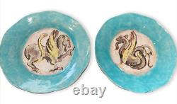 Antique Pair Plates Pegasus A Chimera Signed Rab Turquoise Mythological Rare 20c
