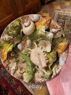 Antique Plate With Figurines Signed Ceramic Shells Frog Lizard Palissys Follower