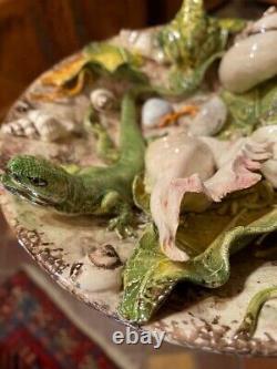Antique Plate With Figurines Signed Ceramic Shells Frog Lizard Palissys Follower