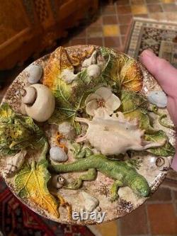 Antique Plate With Figurines Signed Ceramic Shells Frog Lizard Palissys Follower