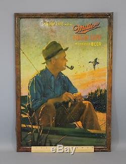 Antique Tin Chromolithograph Sign, Miller Beer, Fishing, Pipe Smoking, NR