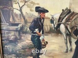 Antique Village Scene Oil on Canvas Painting 22 by 31 signed and framed
