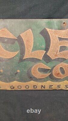 Antique Vintage 1939 Drink Cleo Cola For Goodness Sake Stamped Metal Sign RARE