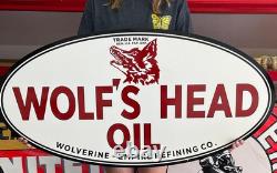 Antique Vintage Old Style Sign Wolfs Head Oil 47x23 NOT Porcelain Made in USA