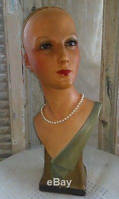 Antique, art-deco mannequin, flapper girl, mannequin head, bust, glass eyes, signed