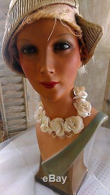 Antique, art-deco mannequin, flapper girl, mannequin head, bust, glass eyes, signed