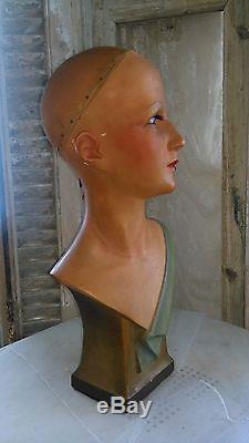 Antique, art-deco mannequin, flapper girl, mannequin head, bust, glass eyes, signed