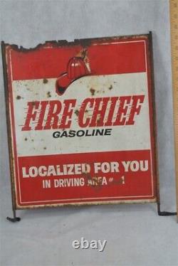 Antique steel sign Fire Chief Gasoline red white double 18x16 Gas original