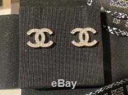 Auth Vintage Signed Chanel Silver Tone Square Crystal Studs Earrings