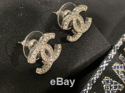 Auth Vintage Signed Chanel Silver Tone Square Crystal Studs Earrings