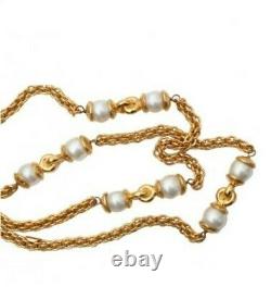 Authentic Vintage Chanel Haute Couture Faux Pearl Gold Tone Long Necklace SIGNED