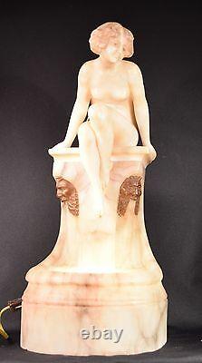 Beautiful Alabaster Art Deco Nude Lady Sculpture Lamp Signed Prof. G. Benji