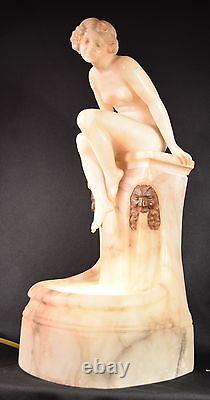 Beautiful Alabaster Art Deco Nude Lady Sculpture Lamp Signed Prof. G. Benji