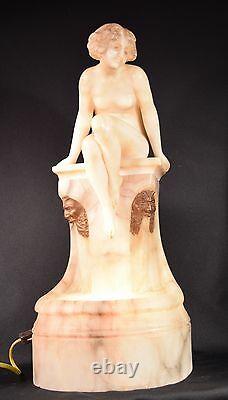 Beautiful Alabaster Art Deco Nude Lady Sculpture Lamp Signed Prof. G. Benji