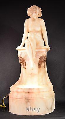 Beautiful Alabaster Art Deco Nude Lady Sculpture Lamp Signed Prof. G. Benji