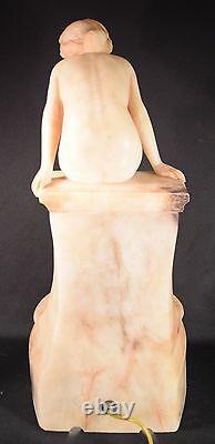 Beautiful Alabaster Art Deco Nude Lady Sculpture Lamp Signed Prof. G. Benji