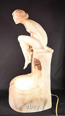 Beautiful Alabaster Art Deco Nude Lady Sculpture Lamp Signed Prof. G. Benji