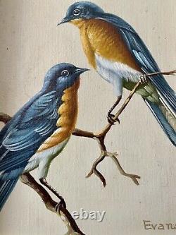 Beautiful Vintage Signed Evans Oil on Canvas Blue Birds Of Happiness Painting